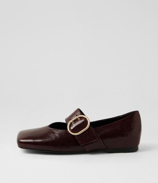 Image of Shoes. Productname: Apres Burgundy Polish Leather Flat Shoes in Burgundy Polish colour by brand - MIDAS