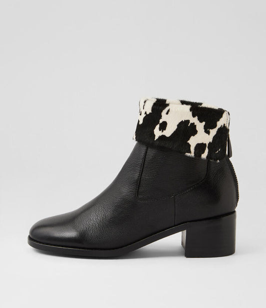Image of Boots. Productname: Remminy Black White Cow Leather Pony Ankle Boots in Black-Blk&White Cow colour by brand - MIDAS