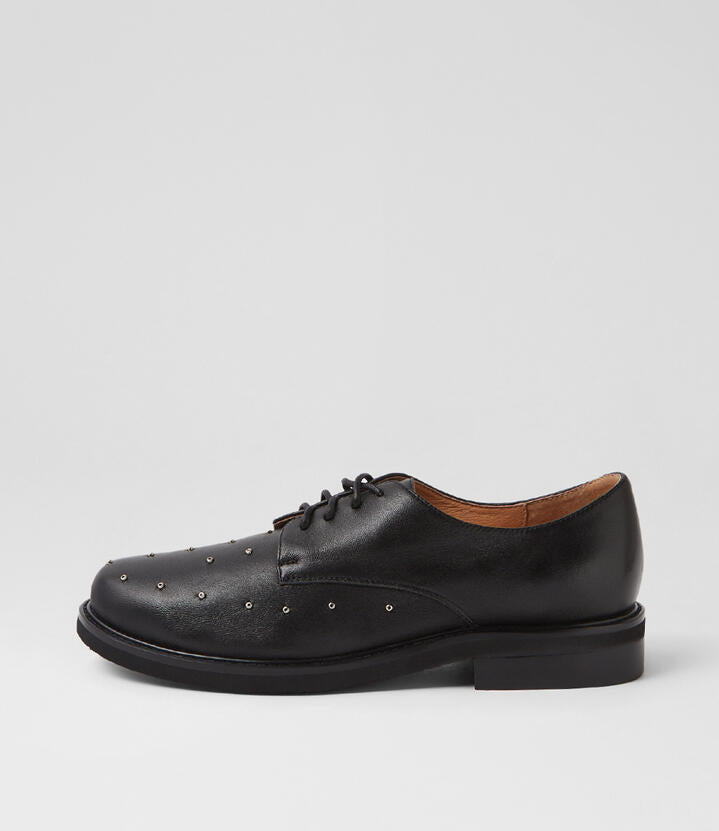 Image of Flats. Productname: Boogie Black Leather Lace Up Flats in Black colour by brand - MIDAS