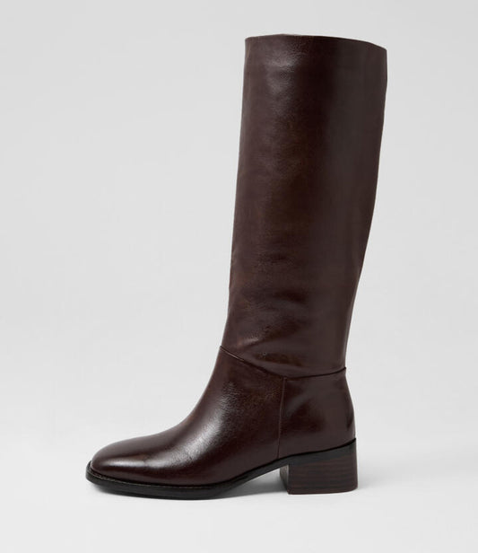 Image of Boots. Productname: Myles Choc Dark Brown Leather Knee High Boots in Choc-Dk Brown Heel colour by brand - MOLLINI