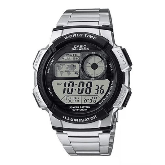Image of Watches. Productname: Casio Silver Digital World Time Watch AE1000WD-1A in Watch colour by brand - Casio