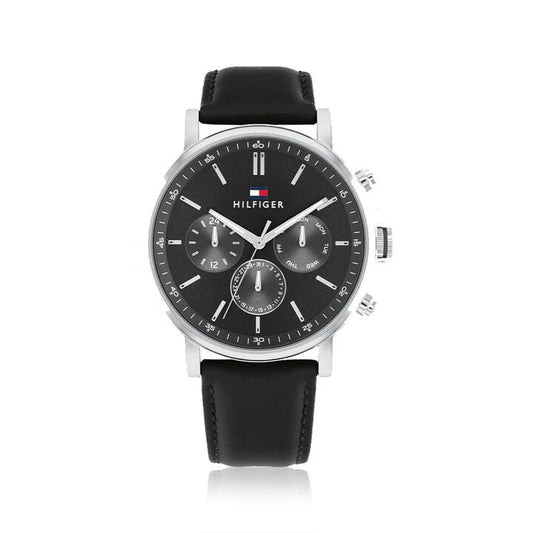 Image of Watches. Productname: Tommy Hilfiger Tyson Multifunction Black Leather Watch 1710586 in Watch colour by brand - Tommy Hilfiger