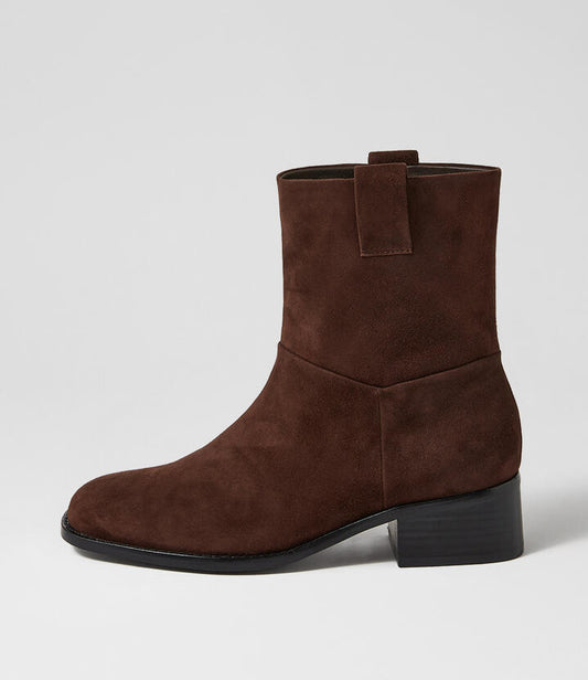 Image of Boots. Productname: Midd Deep Choc Black Heel Suede Ankle Boots in Deep Choc-Black Heel colour by brand - MOLLINI