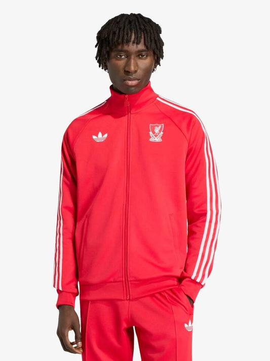 Image of a model wearing Tops. Productname: Adidas Liverpool FC Originals Track Top in Pure Ruby colour by brand - Adidas