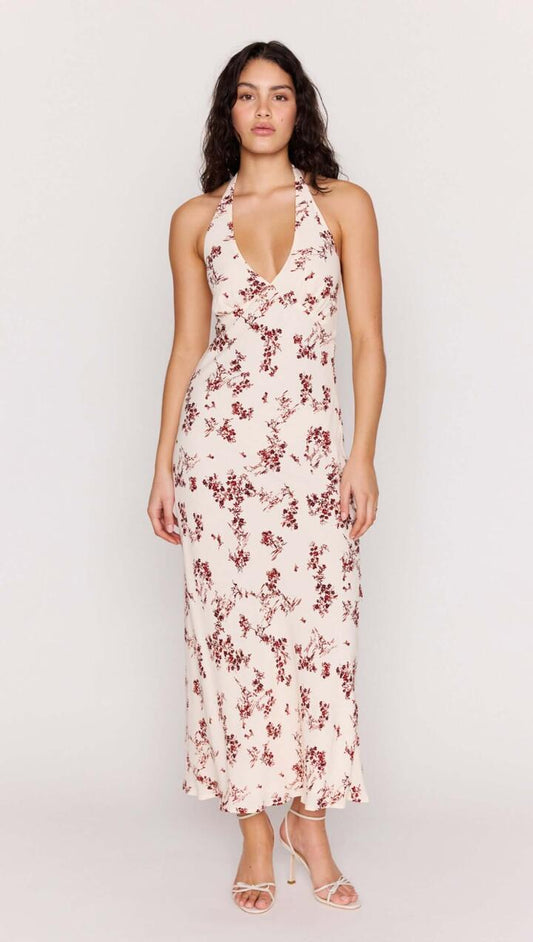 Image of Dresses. Product name - Cream Floral Toile Halter Maxi Dress in Toile colour by brand - MINKPINK