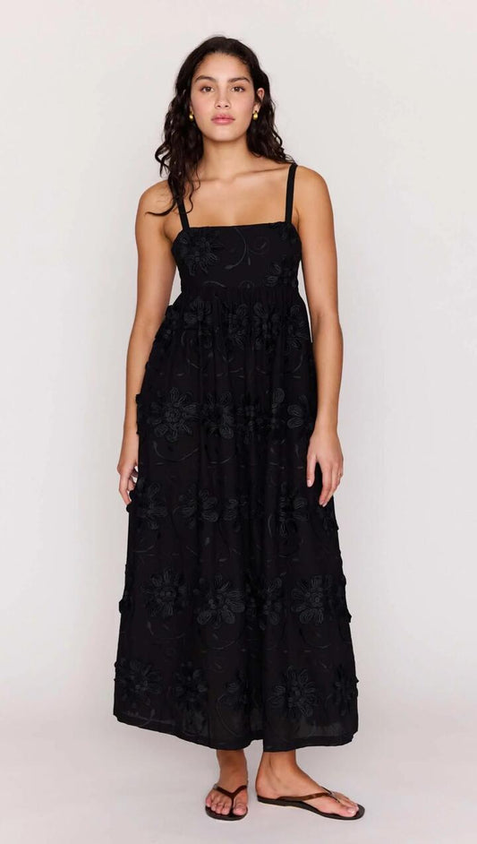 Image of Dresses. Product name - Black Tiered Cotton Applique Midi Dress in Black colour by brand - MINKPINK