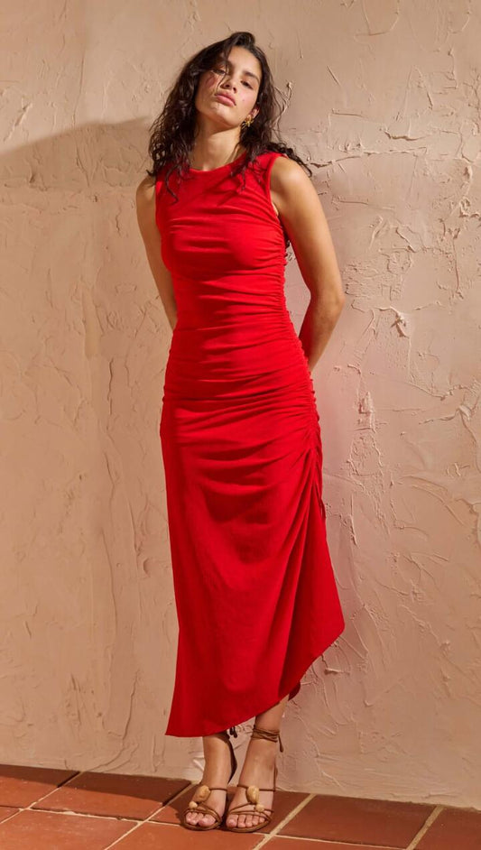 Image of Dresses. Product name - Red Ruched Stretch Midi Dress in Red colour by brand - MINKPINK