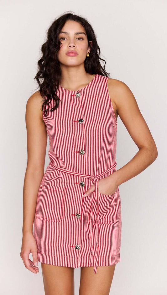 Image of Dresses. Product name - Red Pinstriped Denim Mini Shift Dress in Red Stripe colour by brand - MINKPINK
