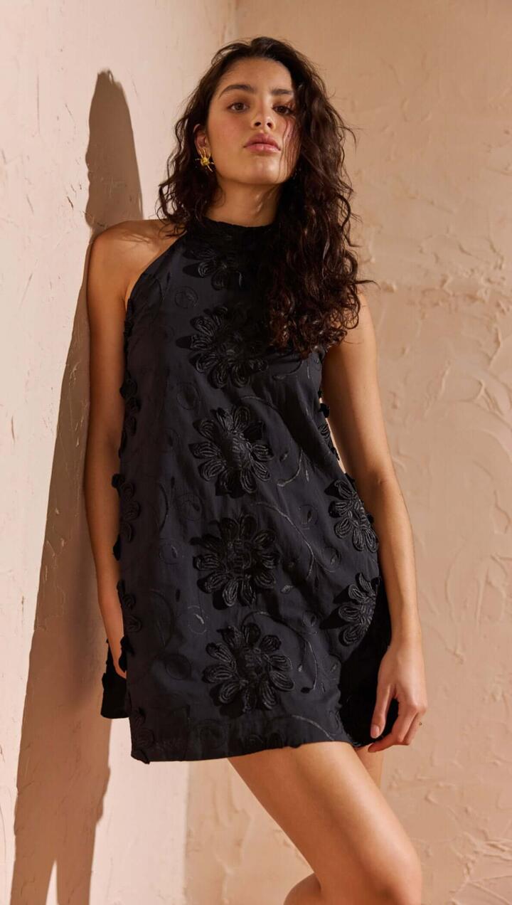 Image of Dresses. Product name - Black Cotton Applique High Neck Mini Dress in Black colour by brand - MINKPINK
