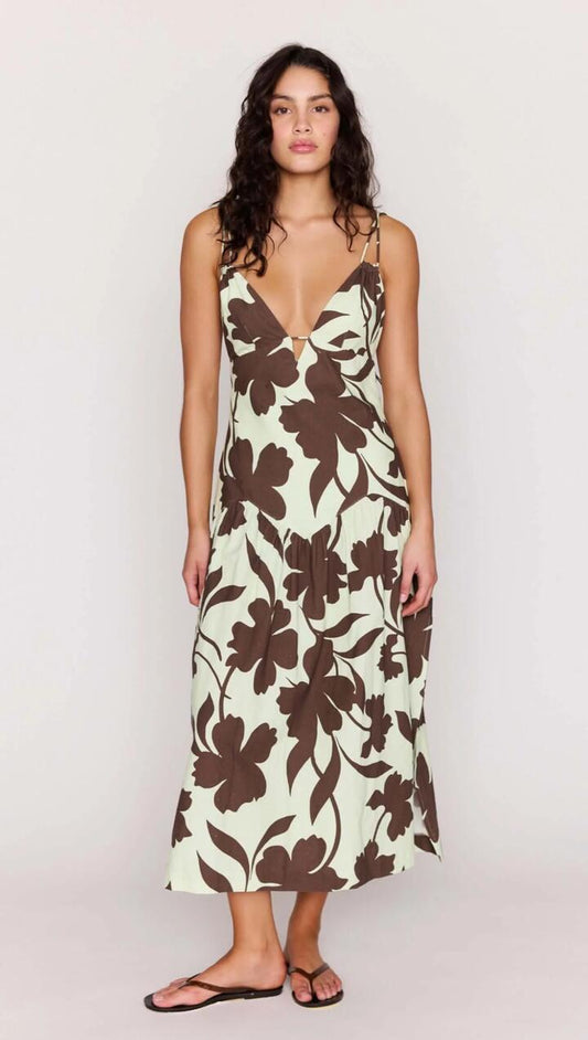 Image of Dresses. Product name - Mint Chocolate Cotton Floral Deep V Midi Dress in Chocolate Floral colour by brand - MINKPINK