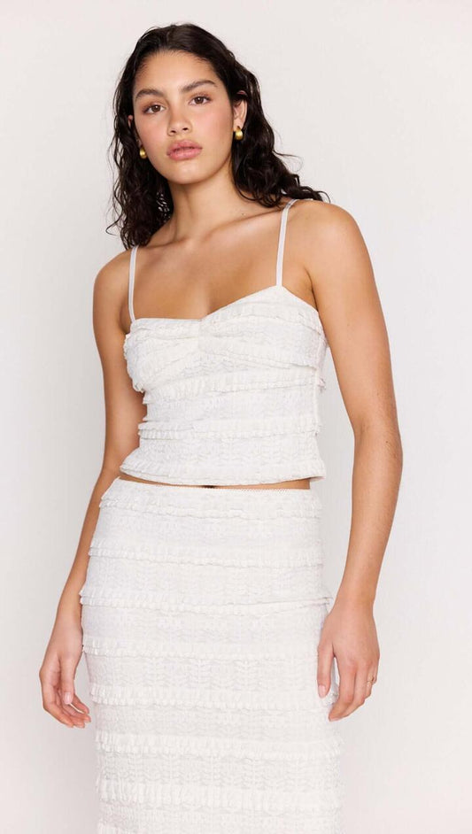 Image of a model wearing Tops. Product name - Cream Textured Lace Cropped Cami Top in Off White colour by brand - MINKPINK