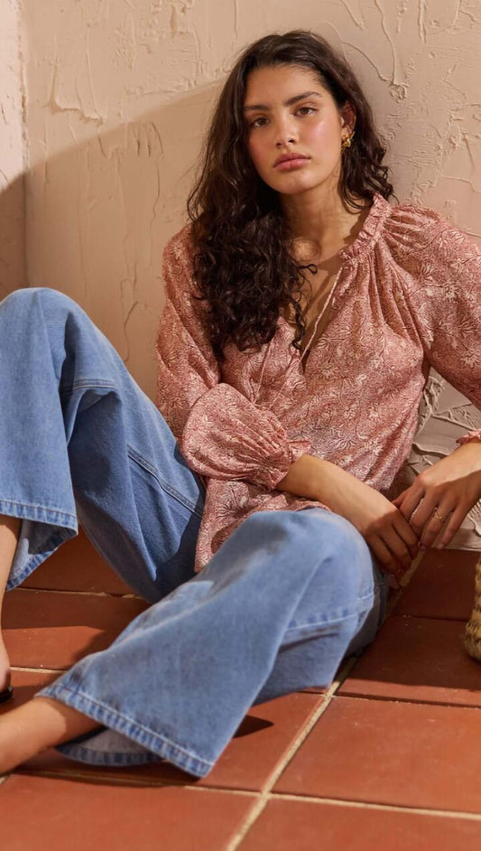 Image of a model wearing Tops. Product name - Red Floral Peasant Blouse in Boho Floral colour by brand - MINKPINK