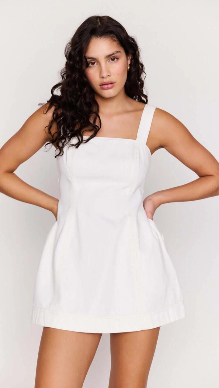 Image of Dresses. Product name - White Denim Square Neck Mini Dress in White colour by brand - MINKPINK