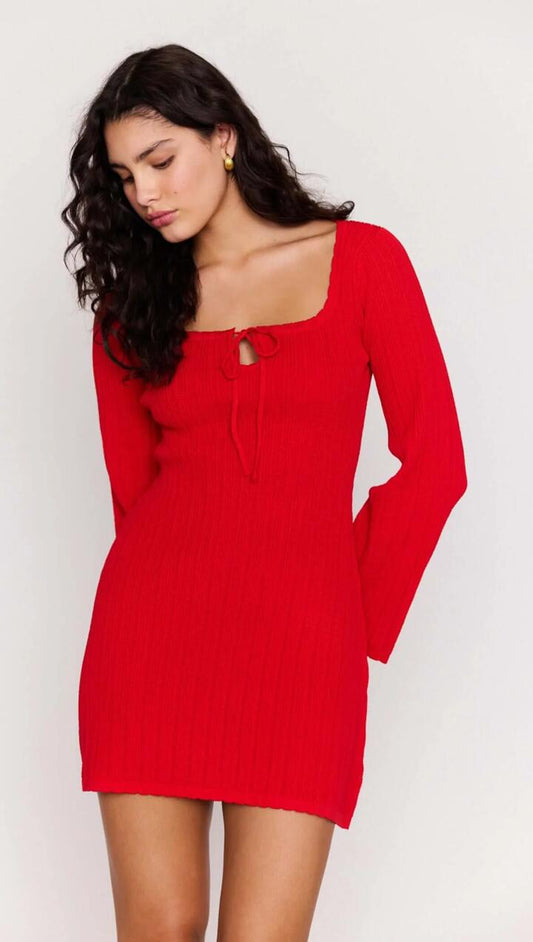 Image of Dresses. Product name - Red Ribbed Knit Mini Dress in Red colour by brand - MINKPINK