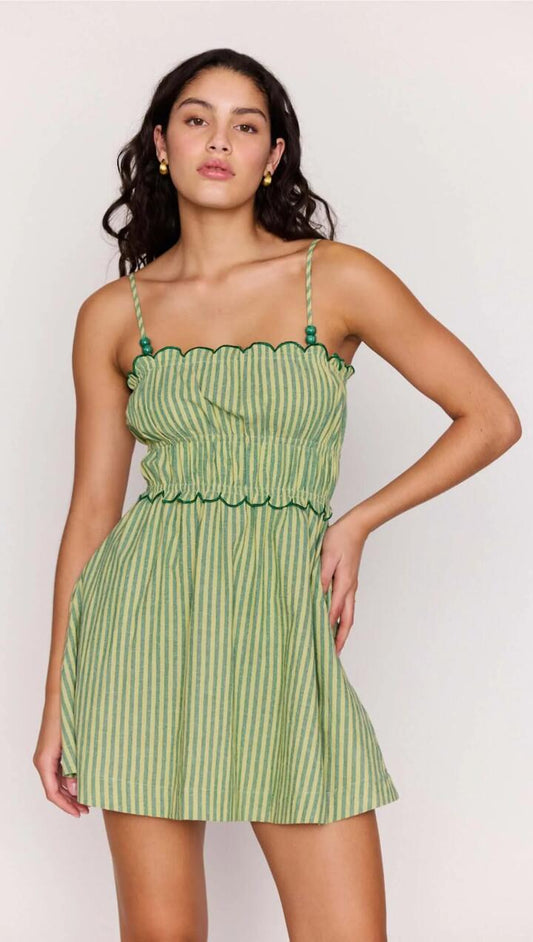Image of Dresses. Product name - Green Striped Linen Blend Scallop Mini Dress in Green Stripe colour by brand - MINKPINK