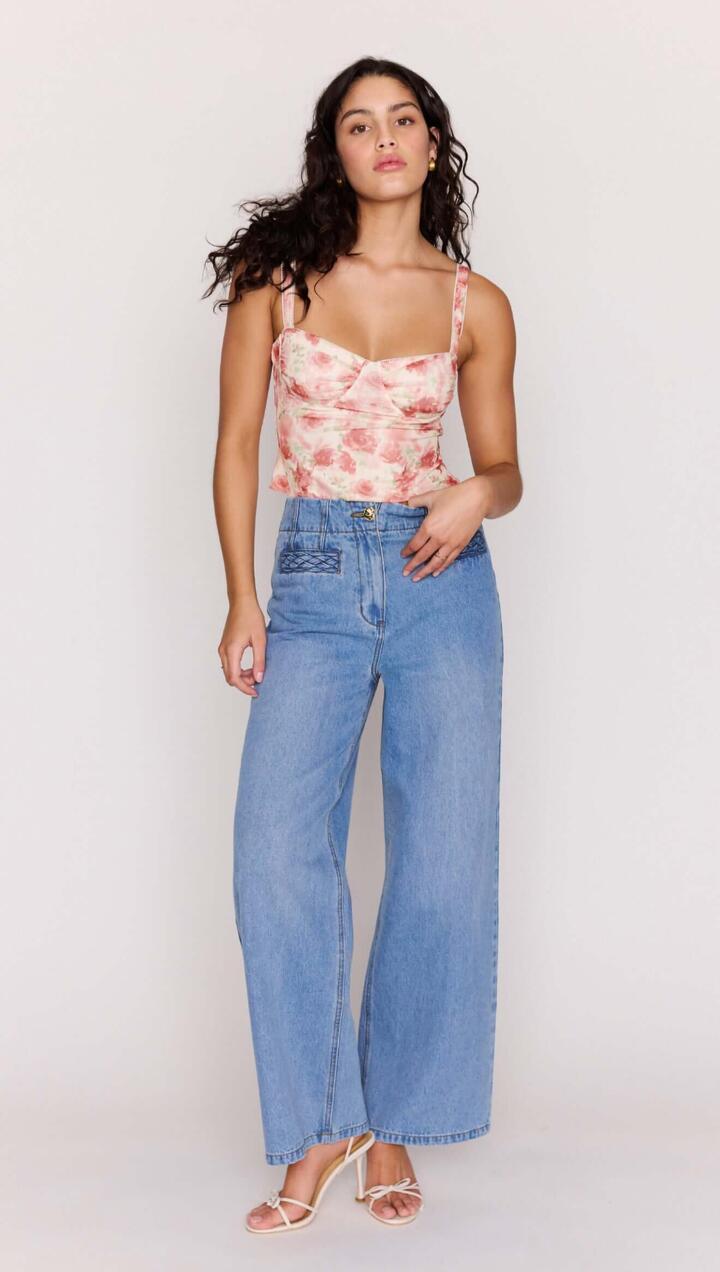 Image of a model wearing Pants. Product name - Light Wash Straight Leg Denim Jeans in Mid Blue colour by brand - MINKPINK