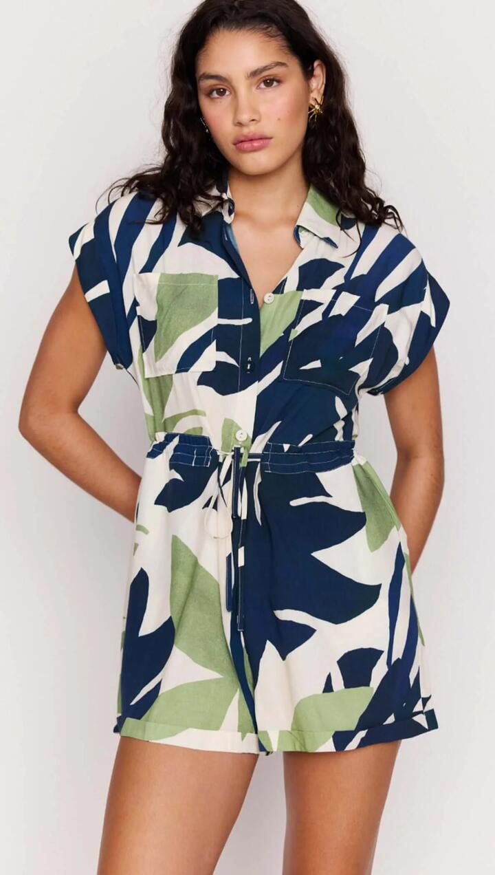Image of Bodysuits. Product name - Leaf Print ECOVERO Playsuit in Palm Leaves colour by brand - MINKPINK