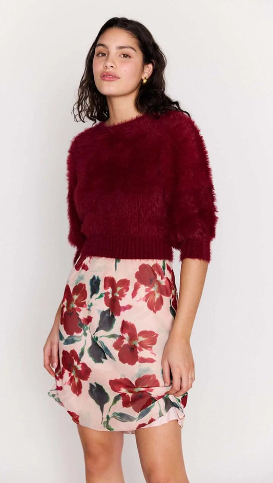 Image of a model wearing Tops. Product name - Burgundy Cropped Fluffy Knit Sweater in Dark Red colour by brand - MINKPINK