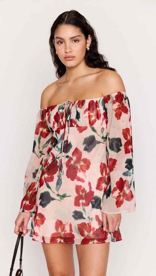 Image of Dresses. Product name - Pink Floral Off Shoulder Dress in Red Floral colour by brand - MINKPINK