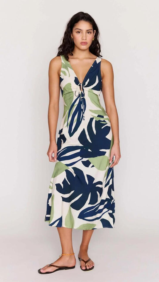 Image of Dresses. Product name - Leaf Print ECOVERO Tie Front Midi Dress in Palm Leaves colour by brand - MINKPINK