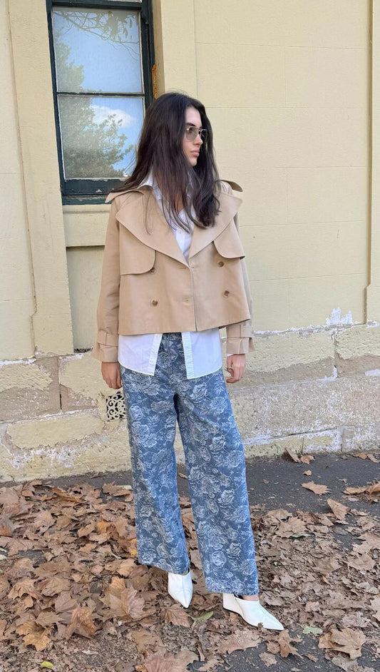 Image of Coats & Jackets. Product name - Beige Cotton Drill Cropped Trench Coat in Taupe colour by brand - MINKPINK