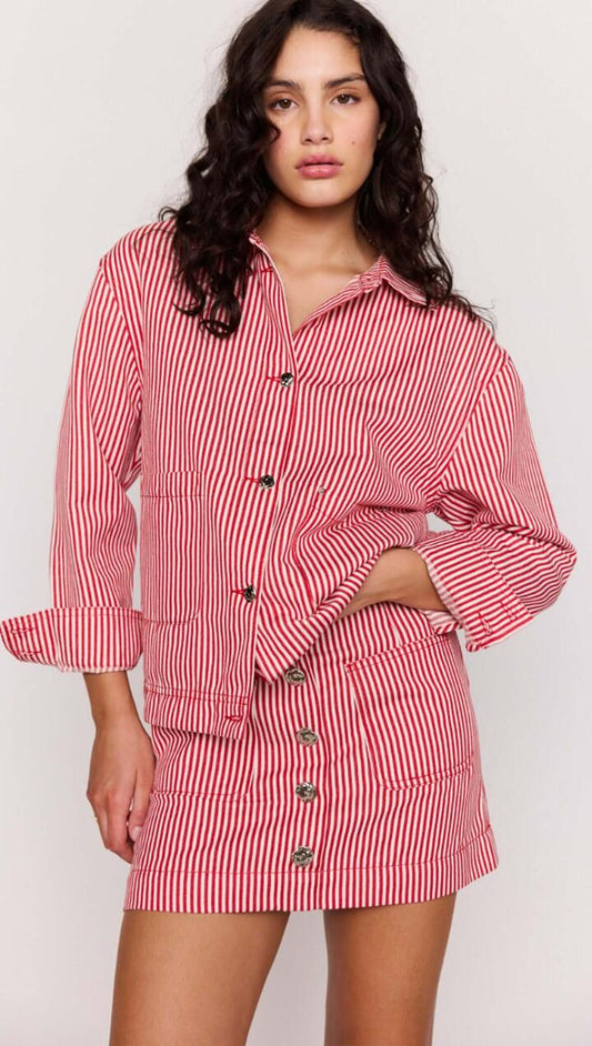 Image of Coats & Jackets. Product name - Red Pinstriped Denim Jacket in Red Stripe colour by brand - MINKPINK
