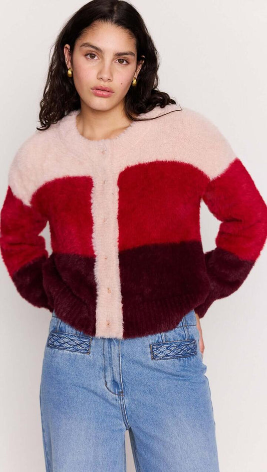Image of a model wearing Outerwear. Product name - Red Colour Block Fluffy Cardigan in Pink/Red Stripe colour by brand - MINKPINK