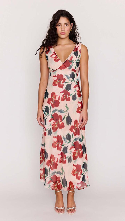 Image of Dresses. Product name - Pink Floral Bias Midi Dress in Red Floral colour by brand - MINKPINK