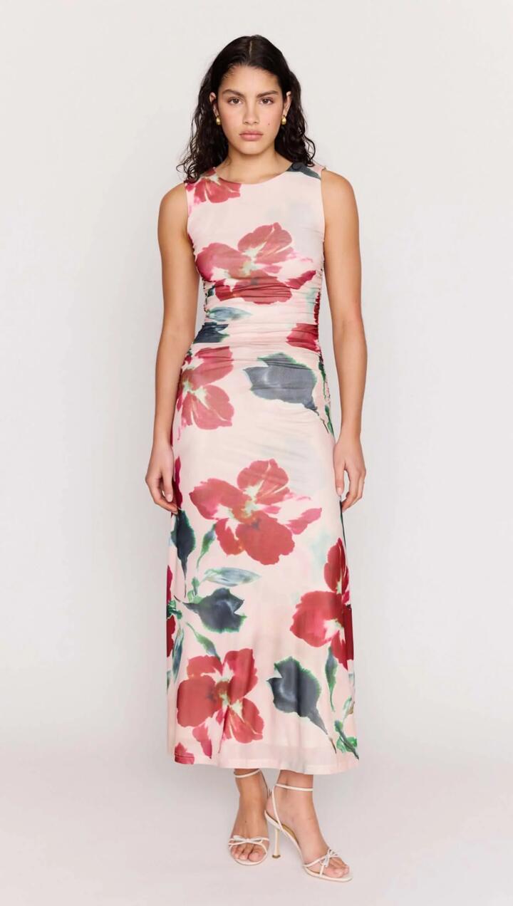 Image of Dresses. Product name - Pink Floral Mesh Midi Dress in Red Floral colour by brand - MINKPINK