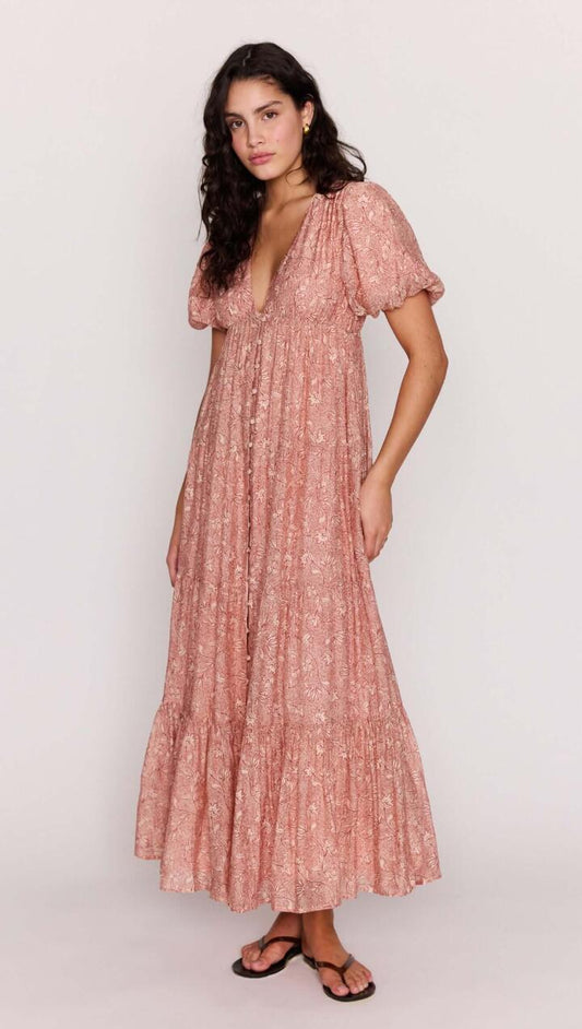 Image of Dresses. Product name - Red Floral Puff Sleeve Maxi Dress in Boho Floral colour by brand - MINKPINK