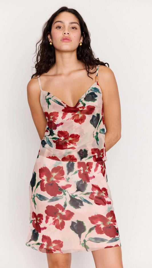 Image of a model wearing Tops. Product name - Pink Floral Cowl Neck Cami Top in Red Floral colour by brand - MINKPINK