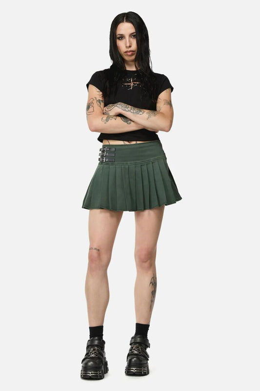 Image of a model wearing Skirts. Productname: Pestilence Goth Trim Skort in Olive colour by brand - Black Friday
