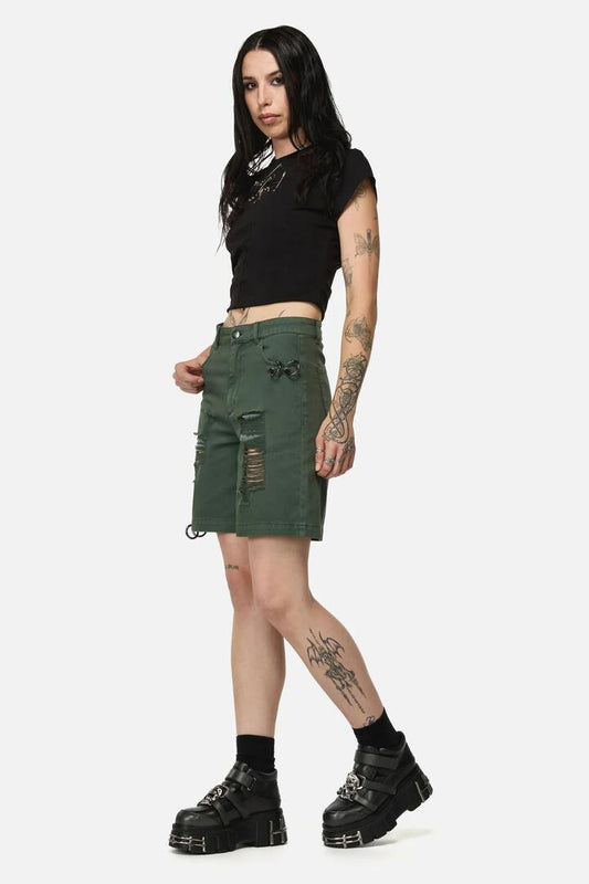 Image of a model wearing Shorts. Productname: Pestilence Goth Trim Short in Olive colour by brand - Black Friday