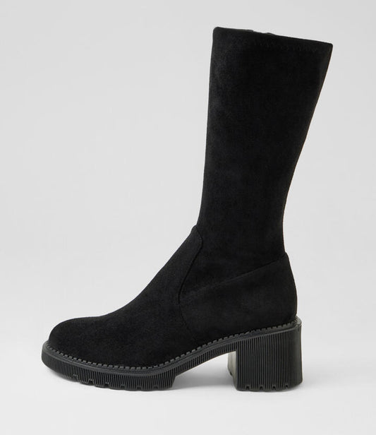 Image of Boots. Productname: Zed Black Stretch Microsuede Calf Boots in Black colour by brand - MIDAS