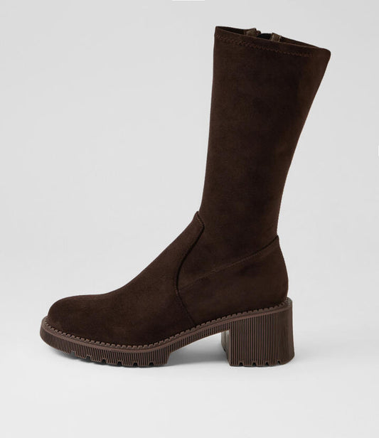 Image of Boots. Productname: Zed Choc Stretch Microsuede Calf Boots in Choc colour by brand - MIDAS