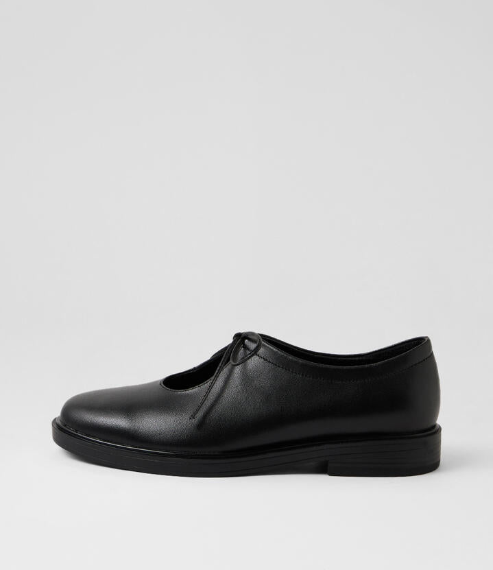 Image of Flats. Productname: Saila Black Leather Lace Up Flats in Black-Black Heel colour by brand - MIDAS