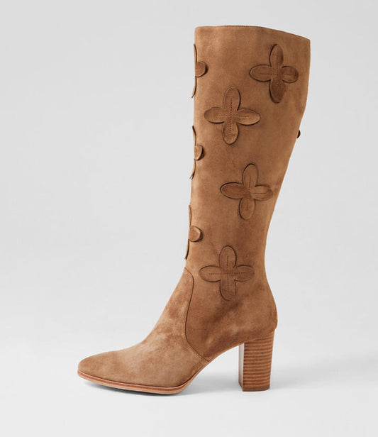 Image of Boots. Productname: Ashanti Light Choc Natural Suede Knee High Boots in Lt Choc-Natural Heel colour by brand - MIDAS