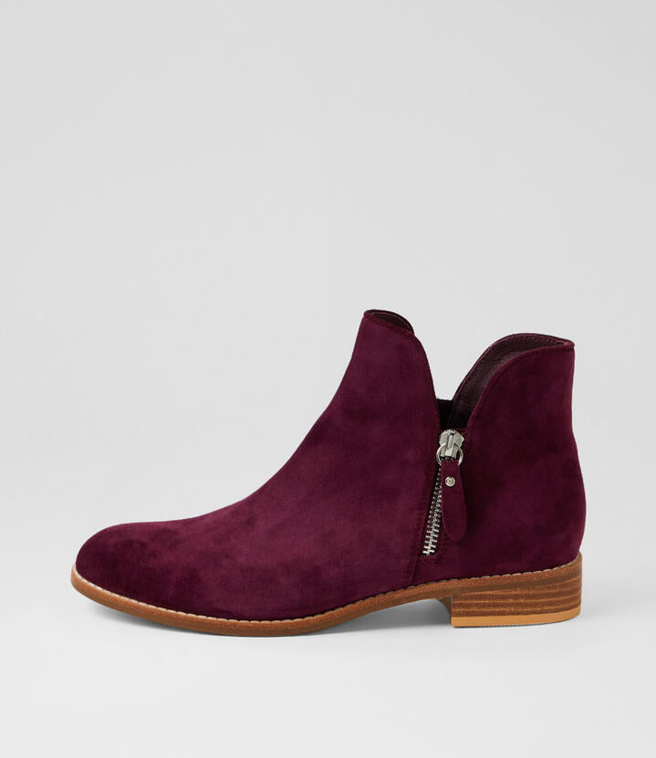 Image of Boots. Productname: Neeva Burgundy Suede Ankle Boots in Burgundy colour by brand - MIDAS