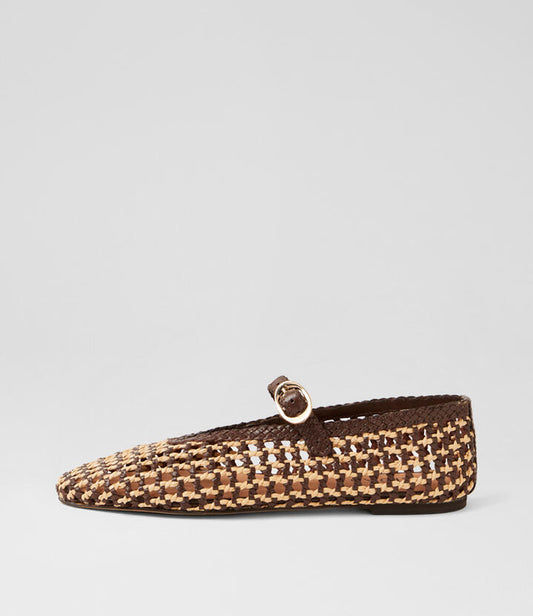 Image of Shoes. Productname: Chip Dark Brown Leather Syn Raffia Flat Shoes in Dark Brown colour by brand - MIDAS