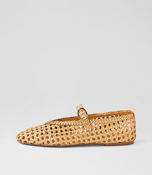 Image of Shoes. Productname: Chip Gold Leather Syn Raffia Flat Shoes in Gold colour by brand - MIDAS