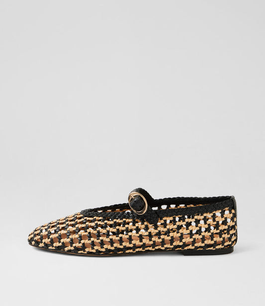 Image of Shoes. Productname: Chip Black Leather Syn Raffia Flat Shoes in Black colour by brand - MIDAS