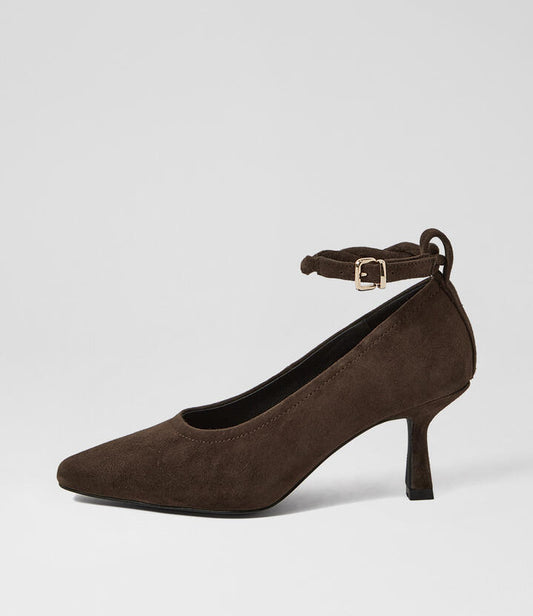 Image of Heels. Productname: Alonni Espresso Suede Pump Heels in Espresso colour by brand - MOLLINI