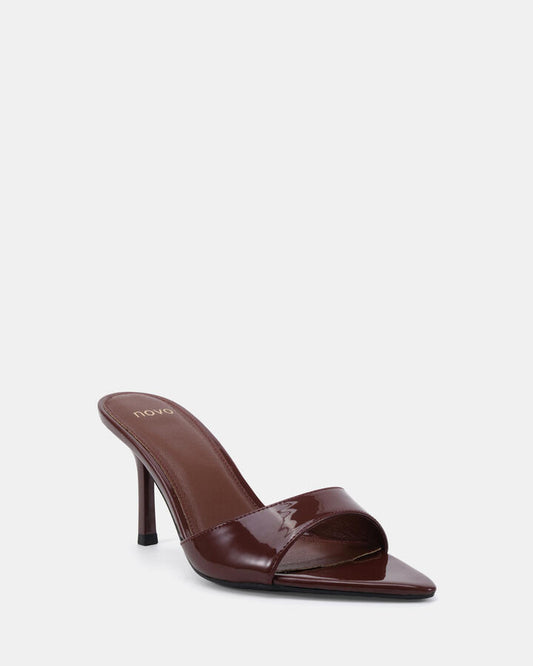 Image of Heels. Product name - Yolo Plum Patent Heels in Plum Patent colour by brand - Novo