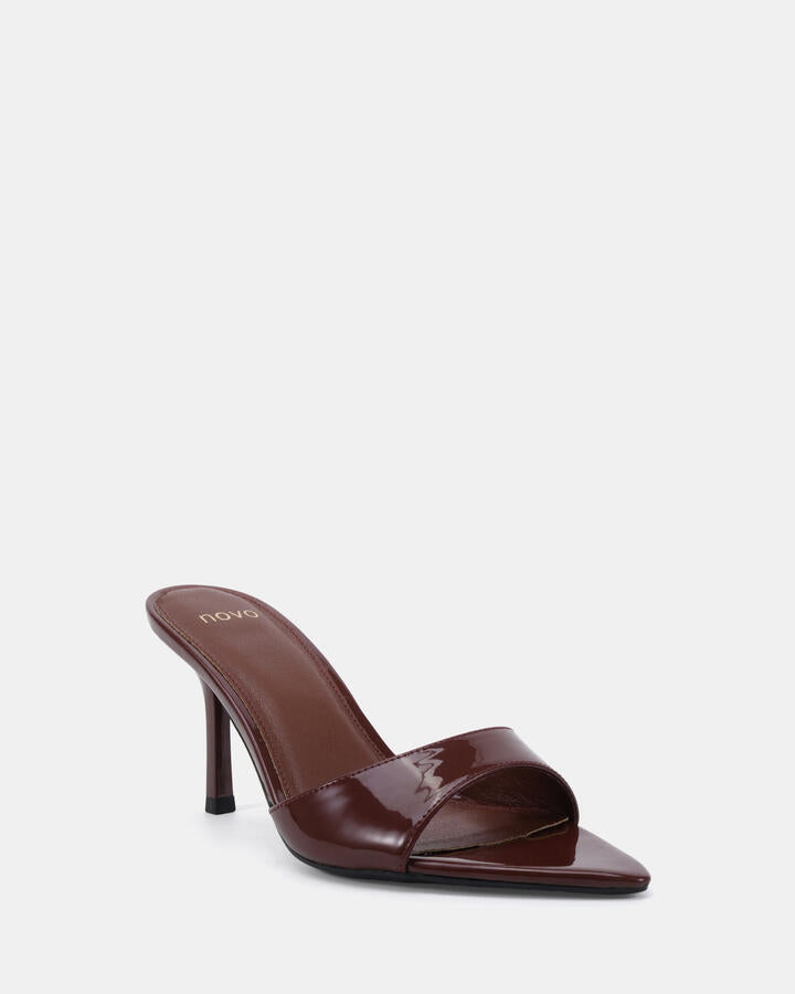 Image of Heels. Product name - Yolo Plum Patent Heels in Plum Patent colour by brand - Novo