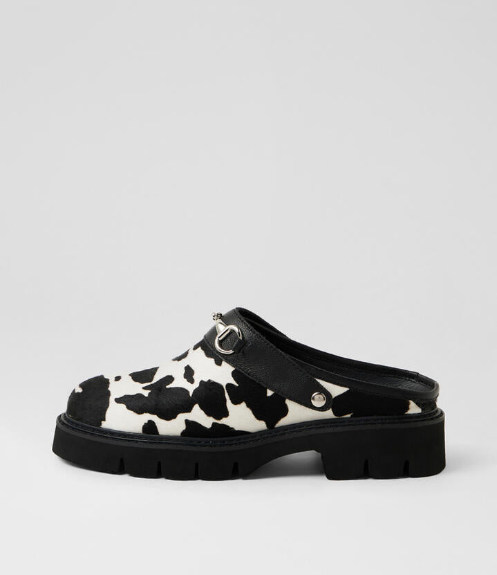 Image of Sandals. Productname: Krepe Black Cow Pony Leather Mules in Black Cow-Black colour by brand - MOLLINI