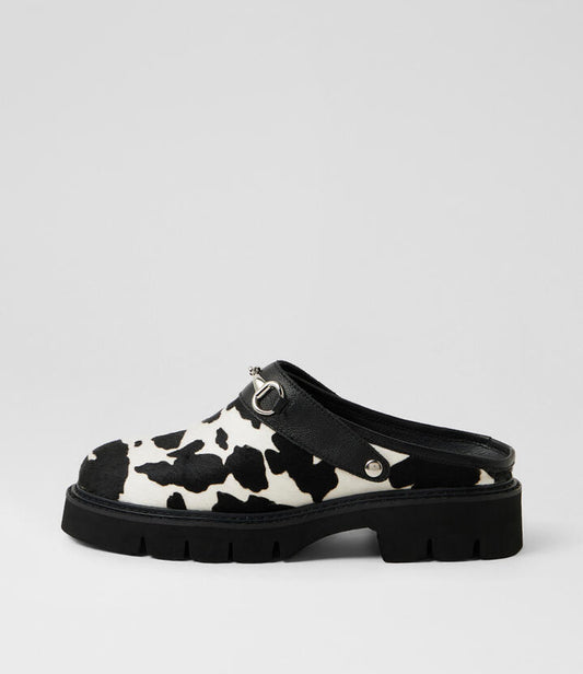 Image of Sandals. Productname: Krepe Black Cow Pony Leather Mules in Black Cow-Black colour by brand - MOLLINI