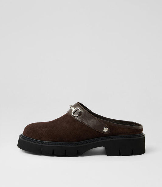 Image of Sandals. Productname: Krepe Dark Choc Suede Leather Mules in Dk Choc colour by brand - MOLLINI