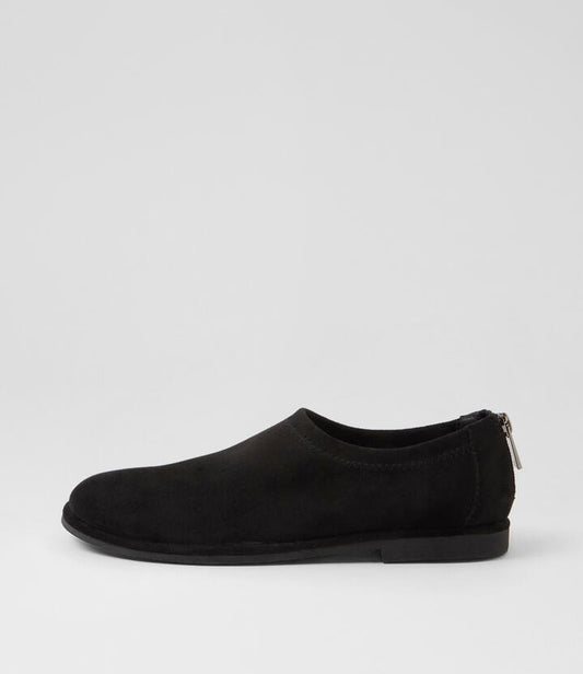 Image of Shoes. Productname: Racket Black Stretch Microsuede Flat Shoes in Black colour by brand - MIDAS