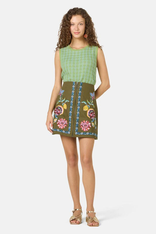 Image of a model wearing Skirts. Productname: Floral Symphony Mini Skirt in Khaki colour by brand - Gorman