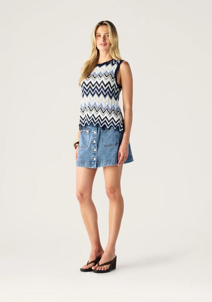 Image of a model wearing Tops. Productname: Pulse Knit Tank Top | MOS The Label in Classic Navy colour by brand - MOS The Label